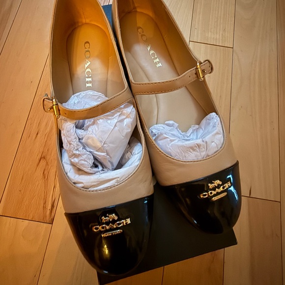 Coach Tan and Black Flats with Gold Buckle - Picture 3 of 7